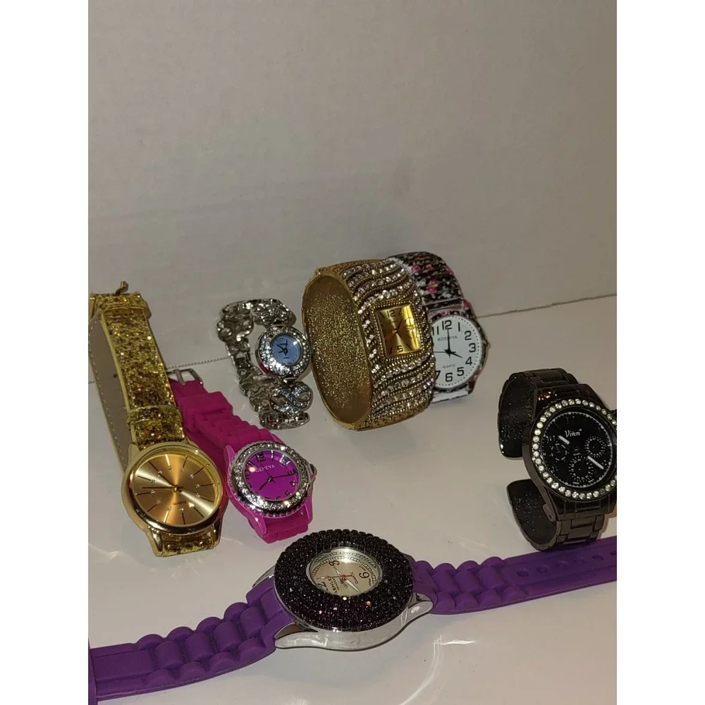 Lot of 7 New Womens Watches Geneva Vivani Bosmiya Rhinestone Glitter Pink Purple